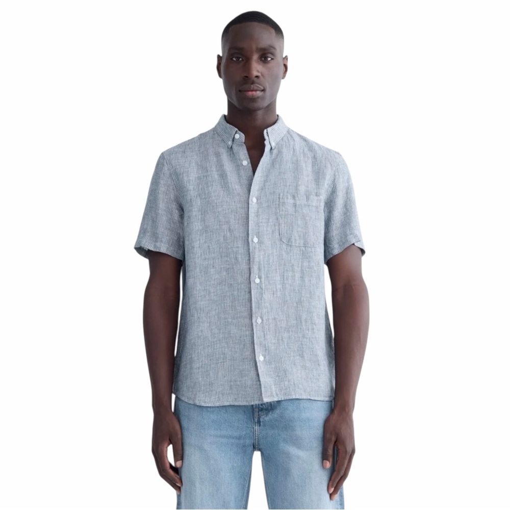 Everlane Blue Stripe Chambray Classic Short Sleeve Shirt In Linen size Medium